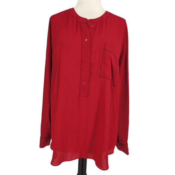 SALE Lane Bryant Red Long Sleeve Blouse with Black Contrasting Stitching - Picture 1 of 6